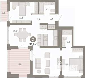 2-к квартира, вторичка, 93м2, 3/9 этаж