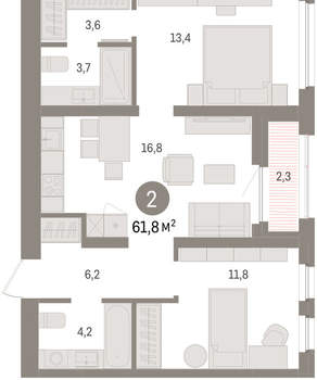2-к квартира, вторичка, 62м2, 2/16 этаж