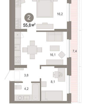 2-к квартира, вторичка, 56м2, 7/17 этаж