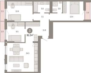 3-к квартира, вторичка, 91м2, 3/7 этаж