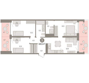 3-к квартира, вторичка, 102м2, 3/8 этаж