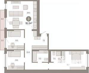 3-к квартира, вторичка, 91м2, 3/8 этаж