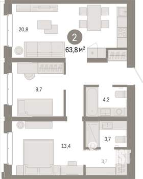 2-к квартира, вторичка, 64м2, 2/7 этаж
