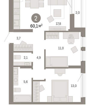 2-к квартира, вторичка, 60м2, 9/17 этаж