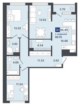 3-к квартира, строящийся дом, 82м2, 7/8 этаж