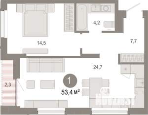 1-к квартира, вторичка, 53м2, 10/17 этаж