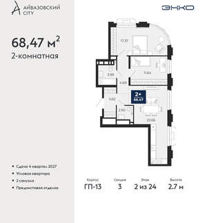 2-к квартира, вторичка, 68м2, 2/24 этаж