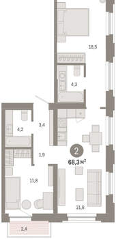 2-к квартира, вторичка, 68м2, 3/16 этаж