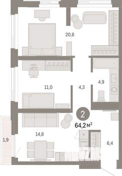 2-к квартира, вторичка, 64м2, 11/25 этаж
