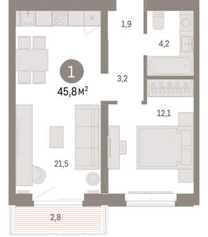 1-к квартира, вторичка, 46м2, 3/16 этаж