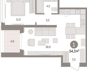 1-к квартира, вторичка, 54м2, 4/16 этаж