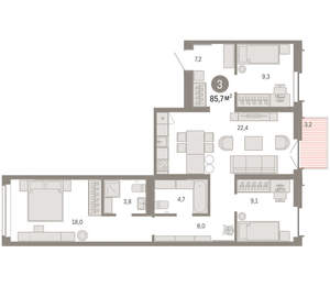 3-к квартира, вторичка, 86м2, 2/16 этаж