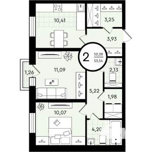 2-к квартира, строящийся дом, 54м2, 2/4 этаж