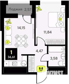 1-к квартира, вторичка, 37м2, 9/14 этаж