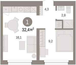 1-к квартира, вторичка, 32м2, 3/16 этаж