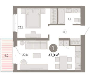 1-к квартира, вторичка, 47м2, 4/11 этаж