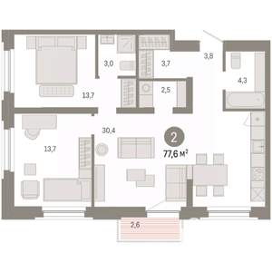 2-к квартира, вторичка, 78м2, 2/7 этаж