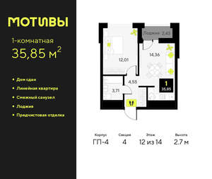 1-к квартира, сданный дом, 36м2, 12/14 этаж