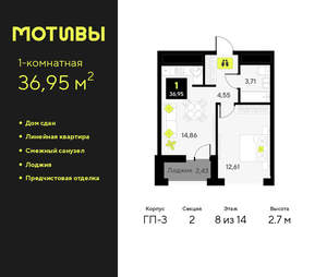 1-к квартира, сданный дом, 37м2, 8/14 этаж