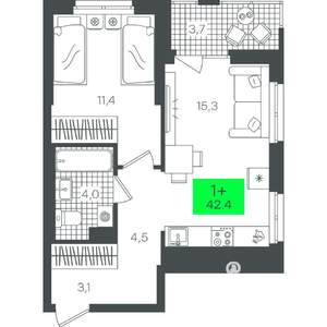 1-к квартира, строящийся дом, 42м2, 12/21 этаж
