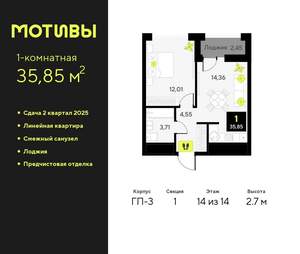 1-к квартира, вторичка, 36м2, 14/14 этаж