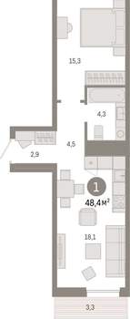 1-к квартира, вторичка, 48м2, 8/17 этаж
