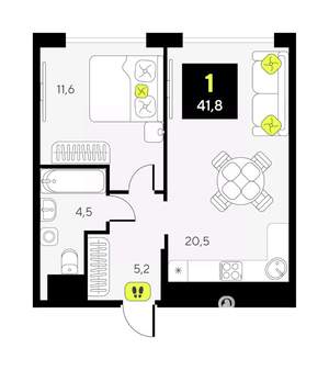 1-к квартира, вторичка, 42м2, 3/17 этаж