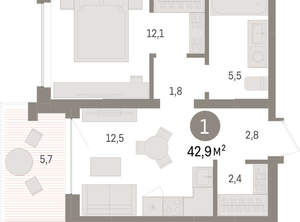 1-к квартира, вторичка, 43м2, 7/8 этаж