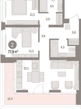 2-к квартира, вторичка, 78м2, 10/16 этаж
