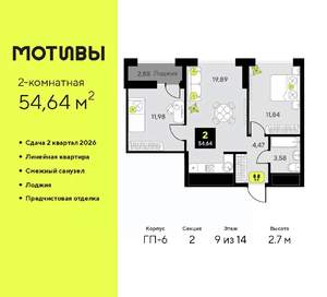 2-к квартира, вторичка, 55м2, 9/14 этаж