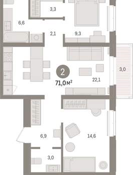 2-к квартира, вторичка, 71м2, 7/16 этаж