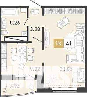 1-к квартира, строящийся дом, 41м2, 13/15 этаж