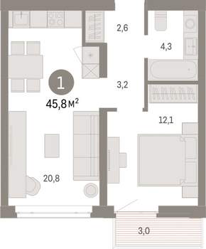 1-к квартира, вторичка, 46м2, 4/25 этаж