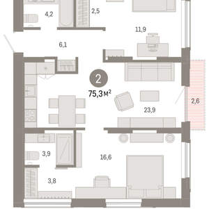 2-к квартира, вторичка, 75м2, 9/17 этаж