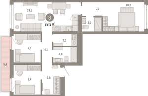 3-к квартира, вторичка, 88м2, 3/9 этаж
