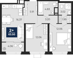 2-к квартира, вторичка, 64м2, 15/21 этаж