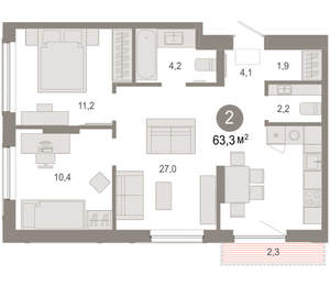 2-к квартира, вторичка, 63м2, 5/17 этаж