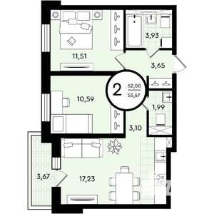 2-к квартира, вторичка, 56м2, 4/4 этаж