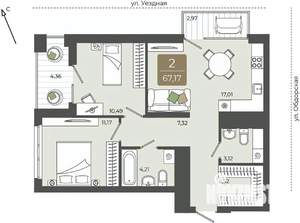 2-к квартира, вторичка, 67м2, 9/15 этаж