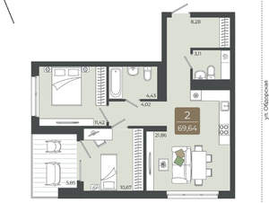 2-к квартира, вторичка, 70м2, 14/15 этаж
