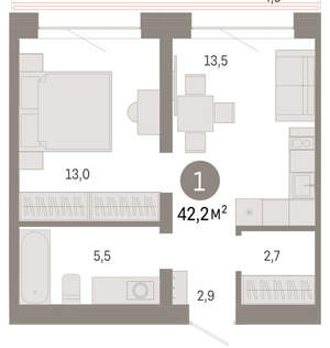 1-к квартира, вторичка, 42м2, 3/8 этаж