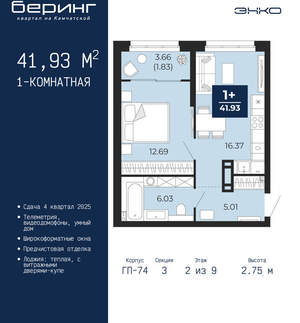 1-к квартира, вторичка, 42м2, 2/21 этаж