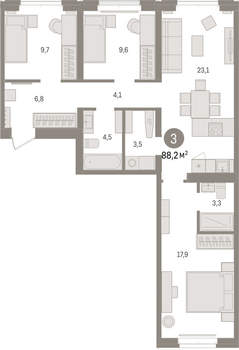 3-к квартира, вторичка, 88м2, 5/16 этаж