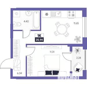 1-к квартира, строящийся дом, 36м2, 22/24 этаж