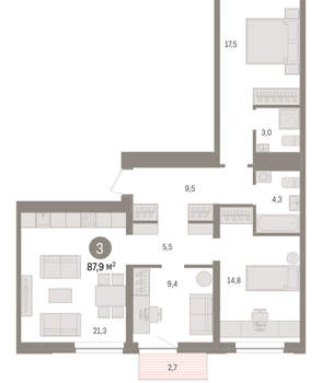 3-к квартира, вторичка, 88м2, 4/10 этаж
