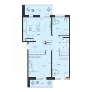 3-к квартира, строящийся дом, 88м2, 23/23 этаж