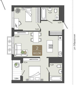 2-к квартира, вторичка, 60м2, 6/15 этаж