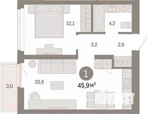 1-к квартира, вторичка, 46м2, 5/7 этаж