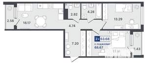 2-к квартира, строящийся дом, 64м2, 2/8 этаж