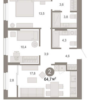 2-к квартира, вторичка, 65м2, 17/17 этаж